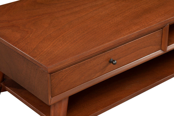 Alpine Furniture Flynn Mid-Century Coffee Table In Chestnut Acorn Finish With Felt-Lined Drawer & Open Shelf Storage 966-61