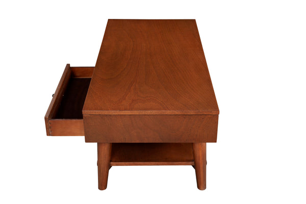 Alpine Furniture Flynn Mid-Century Coffee Table In Chestnut Acorn Finish With Felt-Lined Drawer & Open Shelf Storage 966-61