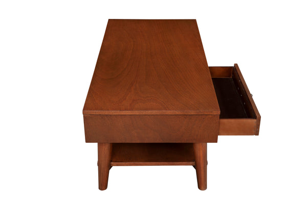 Alpine Furniture Flynn Mid-Century Coffee Table In Chestnut Acorn Finish With Felt-Lined Drawer & Open Shelf Storage 966-61