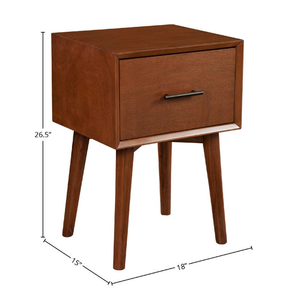 Alpine Furniture Flynn Mid-Century End Table In Chestnut Finish With Felt-Lined Drawer, Tapered Legs, Durable Veneer 966-62