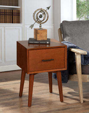 Alpine Furniture Flynn Mid-Century End Table In Chestnut Finish With Felt-Lined Drawer, Tapered Legs, Durable Veneer 966-62
