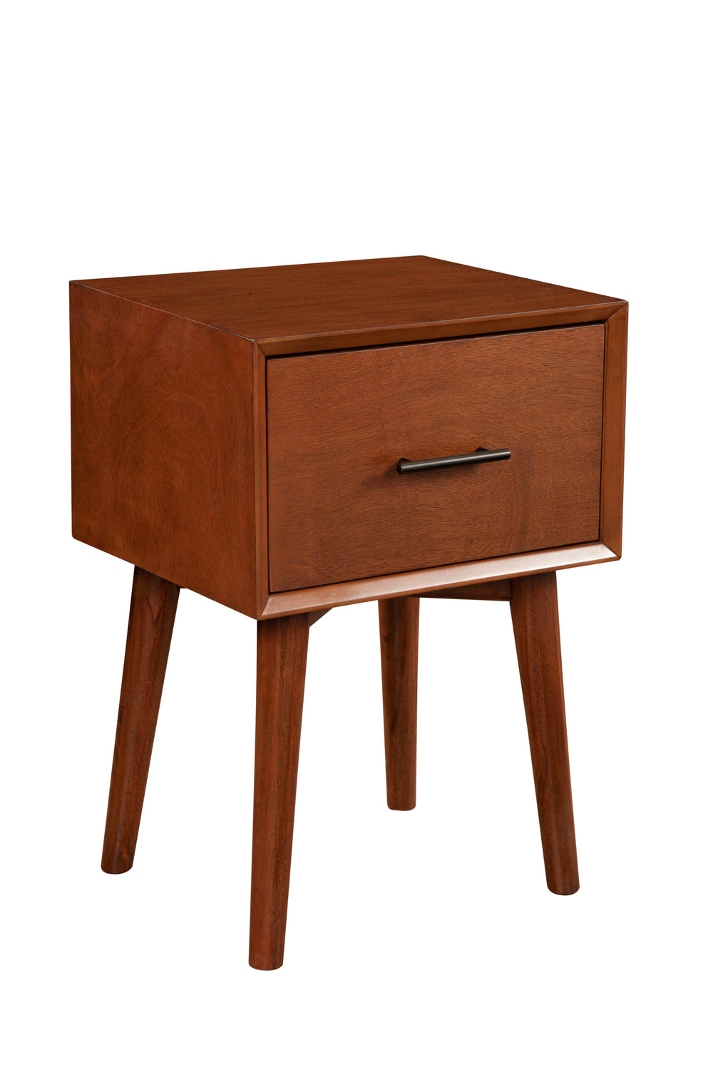 Alpine Furniture Flynn Mid-Century End Table In Chestnut Finish With Felt-Lined Drawer, Tapered Legs, Durable Veneer 966-62