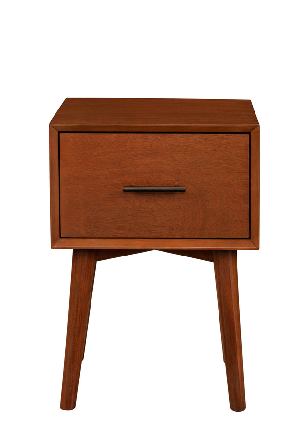 Alpine Furniture Flynn Mid-Century End Table In Chestnut Finish With Felt-Lined Drawer, Tapered Legs, Durable Veneer 966-62