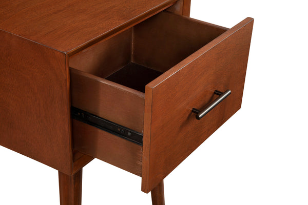 Alpine Furniture Flynn Mid-Century End Table In Chestnut Finish With Felt-Lined Drawer, Tapered Legs, Durable Veneer 966-62