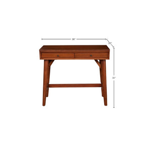Alpine Furniture Flynn Mini Desk Chestnut — Mid-Century Mahogany Two-Drawer Workstation With Felt-Lined Drawers And Tapered Legs 966-65