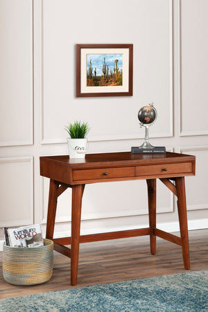 Alpine Furniture Flynn Mini Desk Chestnut — Mid-Century Mahogany Two-Drawer Workstation With Felt-Lined Drawers And Tapered Legs 966-65