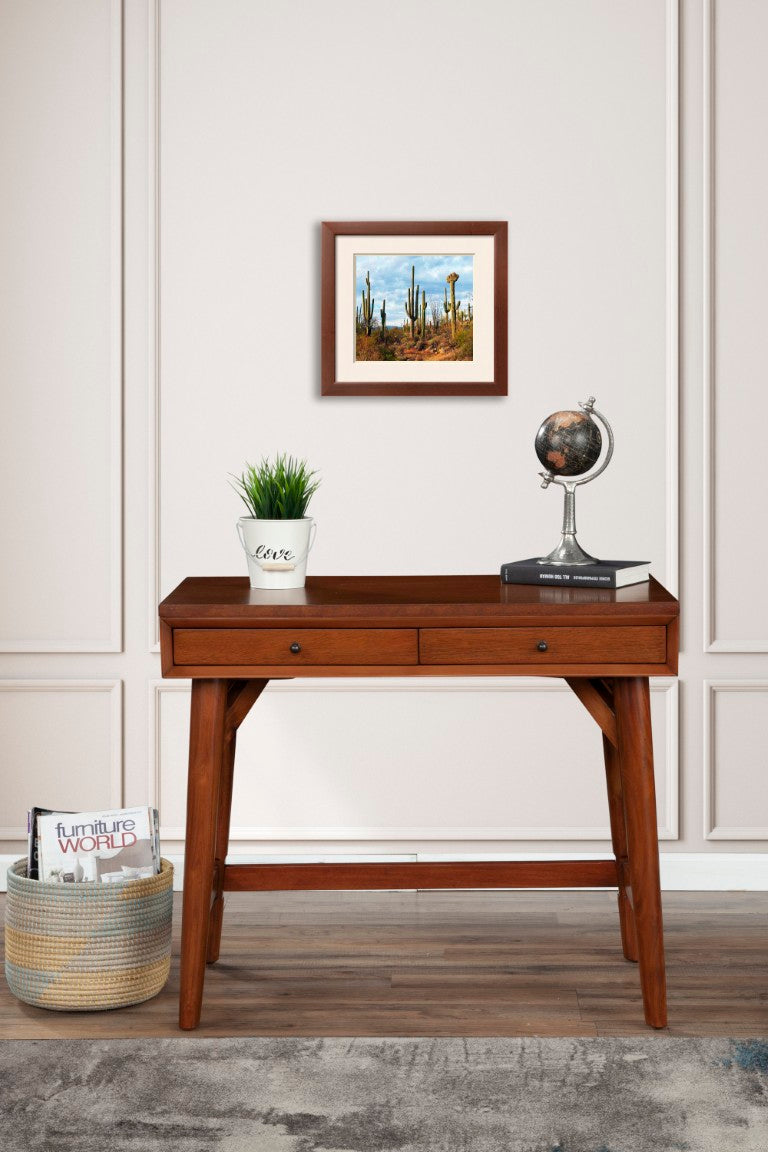 Alpine Furniture Flynn Mini Desk Chestnut — Mid-Century Mahogany Two-Drawer Workstation With Felt-Lined Drawers And Tapered Legs 966-65