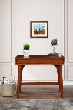 Alpine Furniture Flynn Mini Desk Chestnut — Mid-Century Mahogany Two-Drawer Workstation With Felt-Lined Drawers And Tapered Legs 966-65