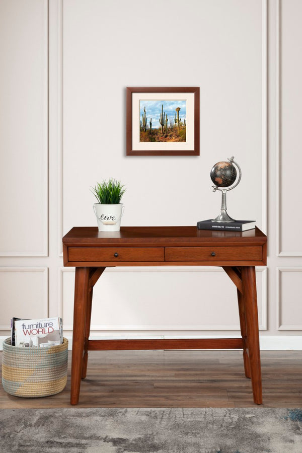 Alpine Furniture Flynn Mini Desk Chestnut — Mid-Century Mahogany Two-Drawer Workstation With Felt-Lined Drawers And Tapered Legs 966-65