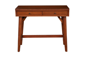 Alpine Furniture Flynn Mini Desk Chestnut — Mid-Century Mahogany Two-Drawer Workstation With Felt-Lined Drawers And Tapered Legs 966-65