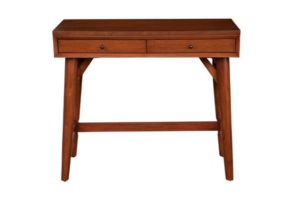 Alpine Furniture Flynn Mini Desk Chestnut — Mid-Century Mahogany Two-Drawer Workstation With Felt-Lined Drawers And Tapered Legs 966-65