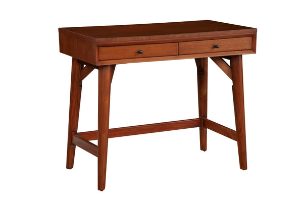 Alpine Furniture Flynn Mini Desk Chestnut — Mid-Century Mahogany Two-Drawer Workstation With Felt-Lined Drawers And Tapered Legs 966-65