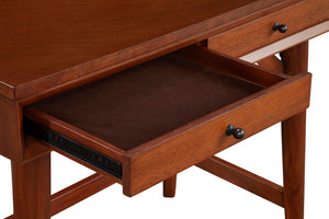 Alpine Furniture Flynn Mini Desk Chestnut — Mid-Century Mahogany Two-Drawer Workstation With Felt-Lined Drawers And Tapered Legs 966-65