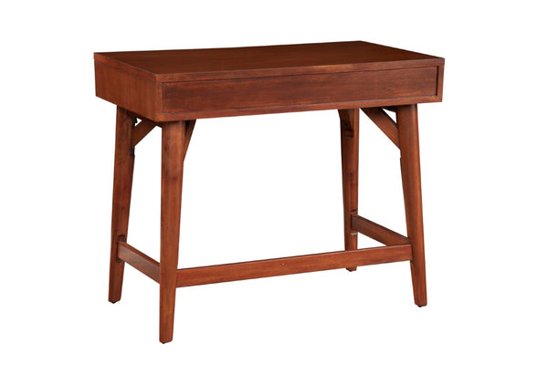 Alpine Furniture Flynn Mini Desk Chestnut — Mid-Century Mahogany Two-Drawer Workstation With Felt-Lined Drawers And Tapered Legs 966-65