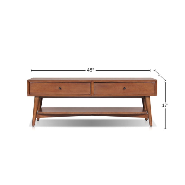 Alpine Furniture Flynn Coffee Table In Rich Chestnut Finish With Dovetail Drawers & Open Shelf For Stylish Storage Chestnut Mahogany Solids & Veneer 966-91-alpine