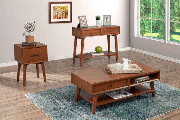 Alpine Furniture Flynn Mid-Century Coffee Table In Chestnut Acorn Finish With Felt-Lined Drawer & Open Shelf Storage 966-61