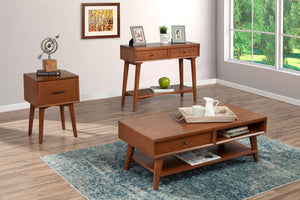 Alpine Furniture Flynn Mid-Century End Table In Chestnut Finish With Felt-Lined Drawer, Tapered Legs, Durable Veneer 966-62