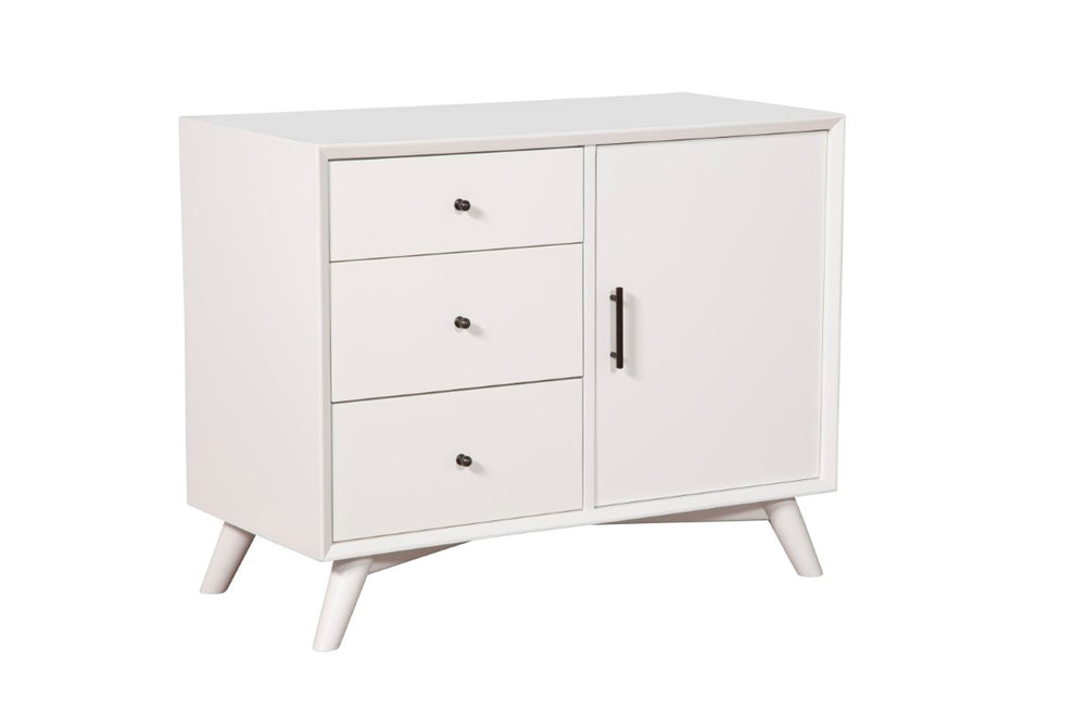Alpine Furniture Flynn Mid-Century Accent Cabinet In White — Solid Mahogany, Rolling Door & Felt-Lined Top Drawer, 40" 966-W-14