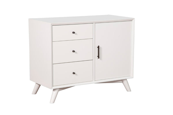 Alpine Furniture Flynn Mid-Century Accent Cabinet In White — Solid Mahogany, Rolling Door & Felt-Lined Top Drawer, 40" 966-W-14