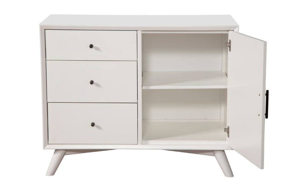 Alpine Furniture Flynn Mid-Century Accent Cabinet In White — Solid Mahogany, Rolling Door & Felt-Lined Top Drawer, 40" 966-W-14