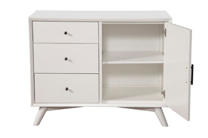 Alpine Furniture Flynn Mid-Century Accent Cabinet In White — Solid Mahogany, Rolling Door & Felt-Lined Top Drawer, 40" 966-W-14
