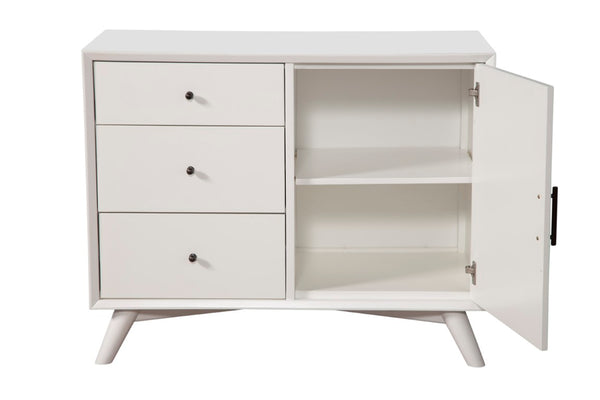 Alpine Furniture Flynn Mid-Century Accent Cabinet In White — Solid Mahogany, Rolling Door & Felt-Lined Top Drawer, 40" 966-W-14