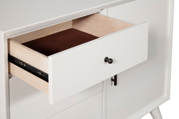 Alpine Furniture Flynn Mid-Century Accent Cabinet In White — Solid Mahogany, Rolling Door & Felt-Lined Top Drawer, 40" 966-W-14