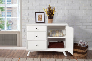 Alpine Furniture Flynn Mid-Century Accent Cabinet In White — Solid Mahogany, Rolling Door & Felt-Lined Top Drawer, 40" 966-W-14