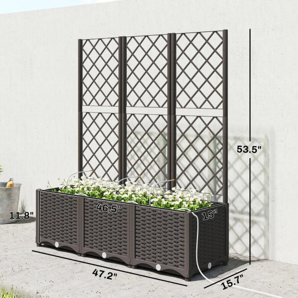 English Elm Outdoor Self Watering Raised Planter Box with Trellis Rattan Style Patio Garden Bed T3971P467009
