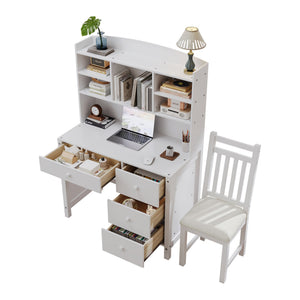 English Elm Vintage 40'' Home Executive Desk Set with Upholstered Chair and Built-In Bookshelf for Stylish Productivity White 44 L x 23 W x 13.5 H N733P272894K