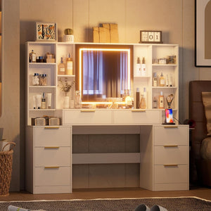 English Elm Makeup Vanity Table with Led Mirror Eight Drawers Open Shelves Bedroom Dressing W3393S00004