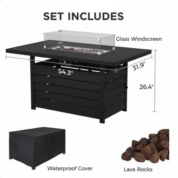 English Elm 54.3 Inch Aluminum Rectangular Propane Fire Table with Convertible Lid for Patio Black B082S00072