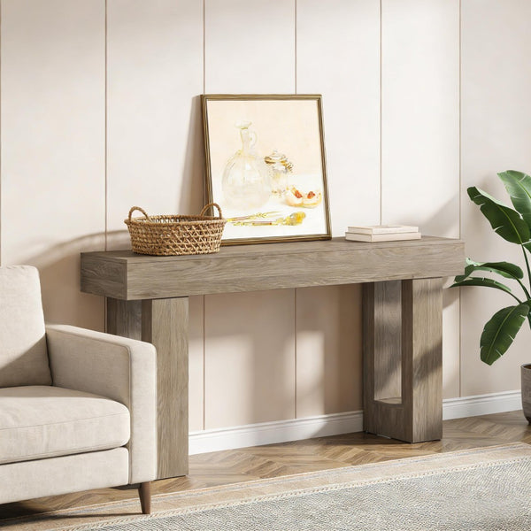 English Elm Practical Geometric Console Table with Matte Black Wood Grain Finish for Entryway or Sofa Gray T3971P451587