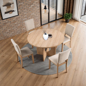 English Elm Contemporary Round Pedestal Dining Set with Upholstered Chairs for Modern Interiors Natural B2741S00781
