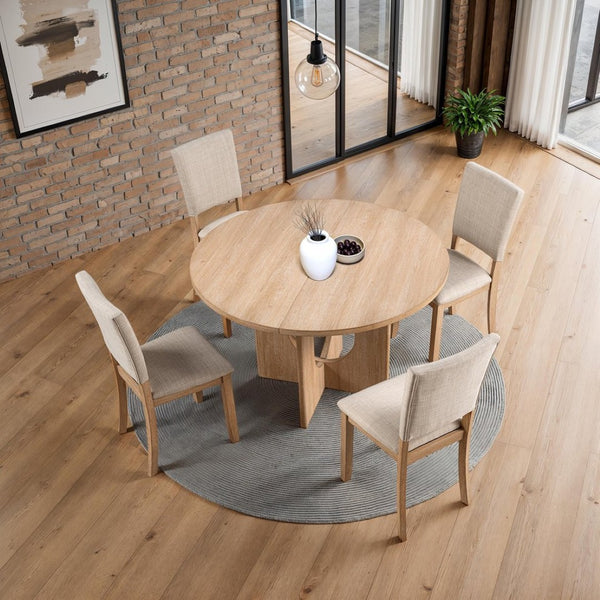 English Elm Contemporary Round Pedestal Dining Set with Upholstered Chairs for Modern Interiors Natural B2741S00781