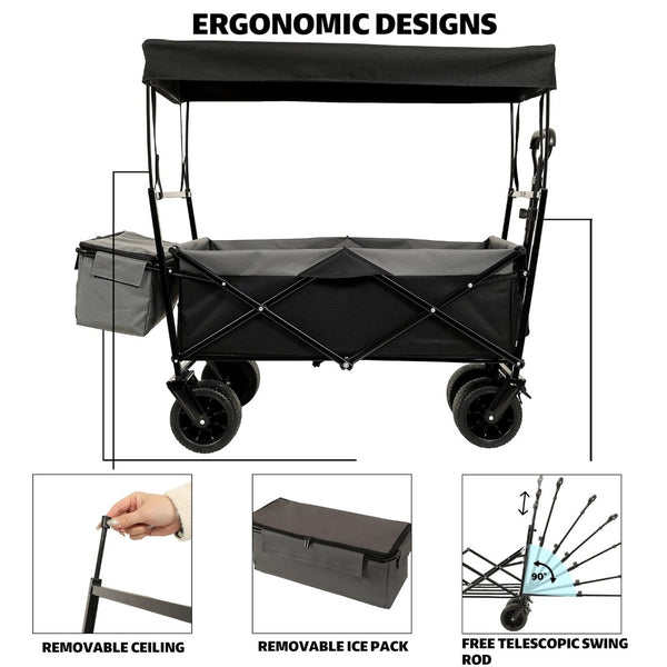English Elm 480lbs Foldable All-terrain Wagon with Canopy Mosquito Net for Camping Outdoor Black W2932P253225