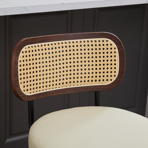 English Elm Set of 2 Rattan Counter Stools with Cane Back and PU Upholstery, 360° Swivel, Walnut Craftsmanship Beige W1143P300156