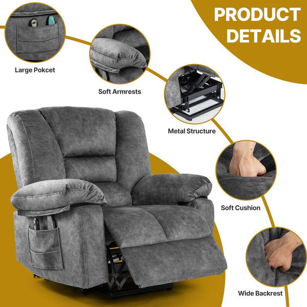 English Elm Power Lift Recliner with Massage & Heat, 8-Point Therapy, Timer & Easy Power Lift Assistance Grey W1403P177439