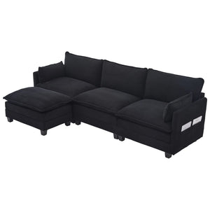 English Elm United We Win Modular Corduroy Sectional with Ottoman Low Profile Living Room Couch Black W1568S00260