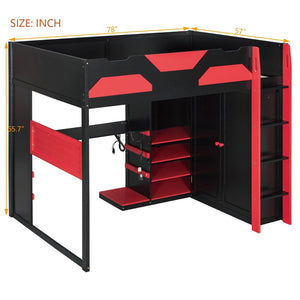 English Elm Full Size Loft Bed with Rgb Lighting Usb Charging Desk Wardrobe and Storage Shelves Red LT000387AAJ