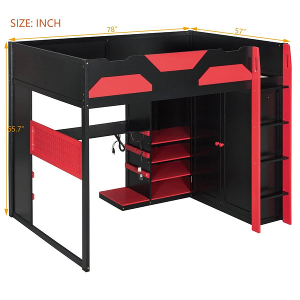 English Elm Full Size Loft Bed with Rgb Lighting Usb Charging Desk Wardrobe and Storage Shelves Red LT000387AAJ