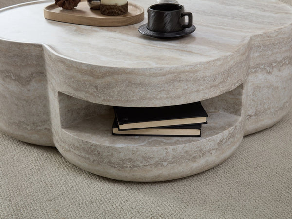 English Elm 31.5" Clover Round Faux Marble Coffee Table with Open Shelf for Modern Living W2664P462015