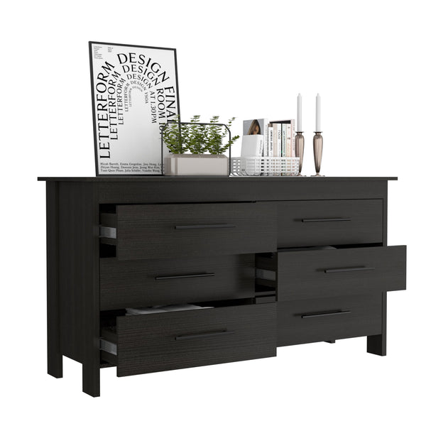English Elm Double Six-Drawer Dresser with Metal Gliders and Pulls, Engineered Wood, Compact 31.7" Height Black 35 L x 22 W x 7 H B097S00101