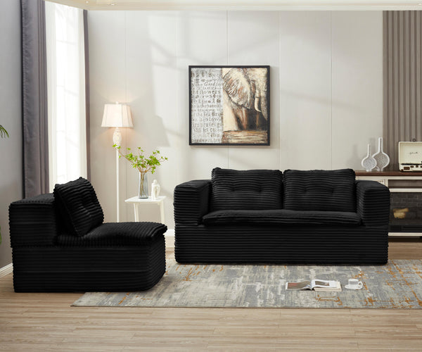 English Elm Multi Functional Sectional Sofa Bed Plush Corduroy Convertible 80" King Sleeper with Chaise, Deep Fluff Black W3219P339469