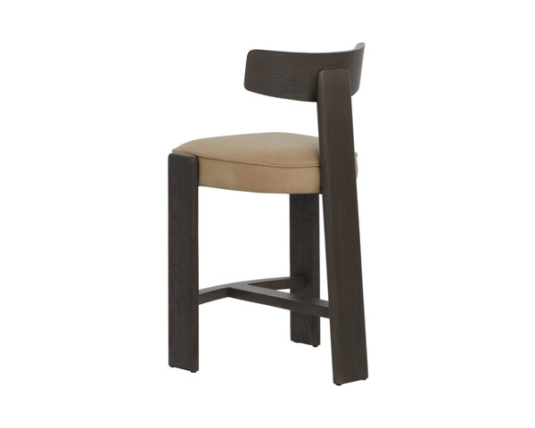 Sunpan HORTON Counter Stool - Dark Brown Oak Frame with Sahara Sand Leather for Ergonomic Comfort & Style 112395