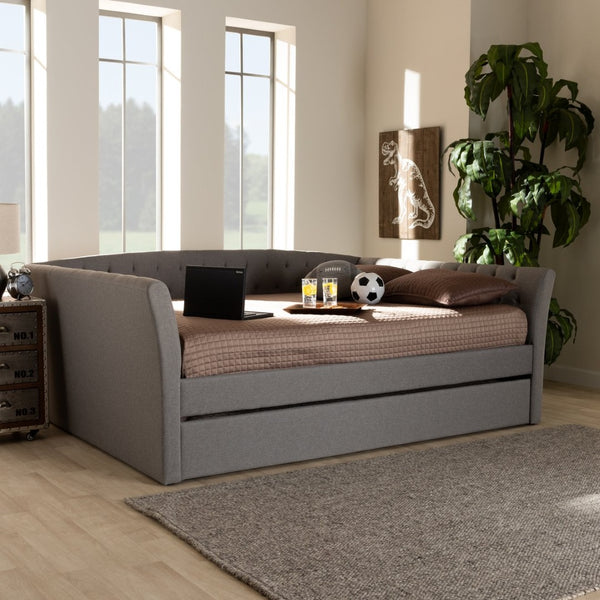 Baxton Studio Baxton Modern Upholstered Daybed with Roll-Out Trundle - Stylish Sofa, Extra Sleeping Space Solution Delora Light Queen CF9044-Light Grey-Daybed-Q/T