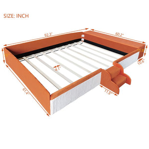 English Elm Queen Velvet Daybed with Built-in Stairs Gas Lift Storage and Padded Safety Rails Brown+White SF000203AAD