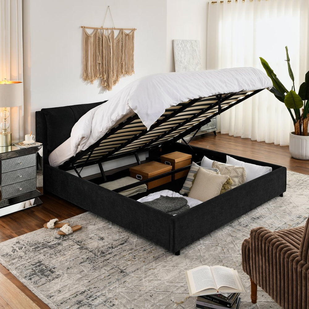 English Elm King Size Hydraulic Platform Bed With Integrated Headboard - Stylish Chenille Upholstery, Black W1413S00116