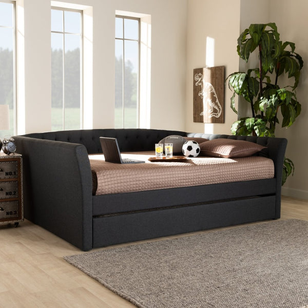 Baxton Studio Baxton Modern Upholstered Daybed with Roll-Out Trundle - Stylish Sofa, Extra Sleeping Space Solution Dark CF9044-Charcoal-Daybed-F/T