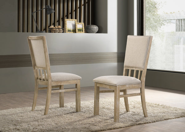 English Elm Baldo Round Oak Veneer Dining Set Seats Four with Wheat Upholstered Farmhouse Chairs B2749S00283